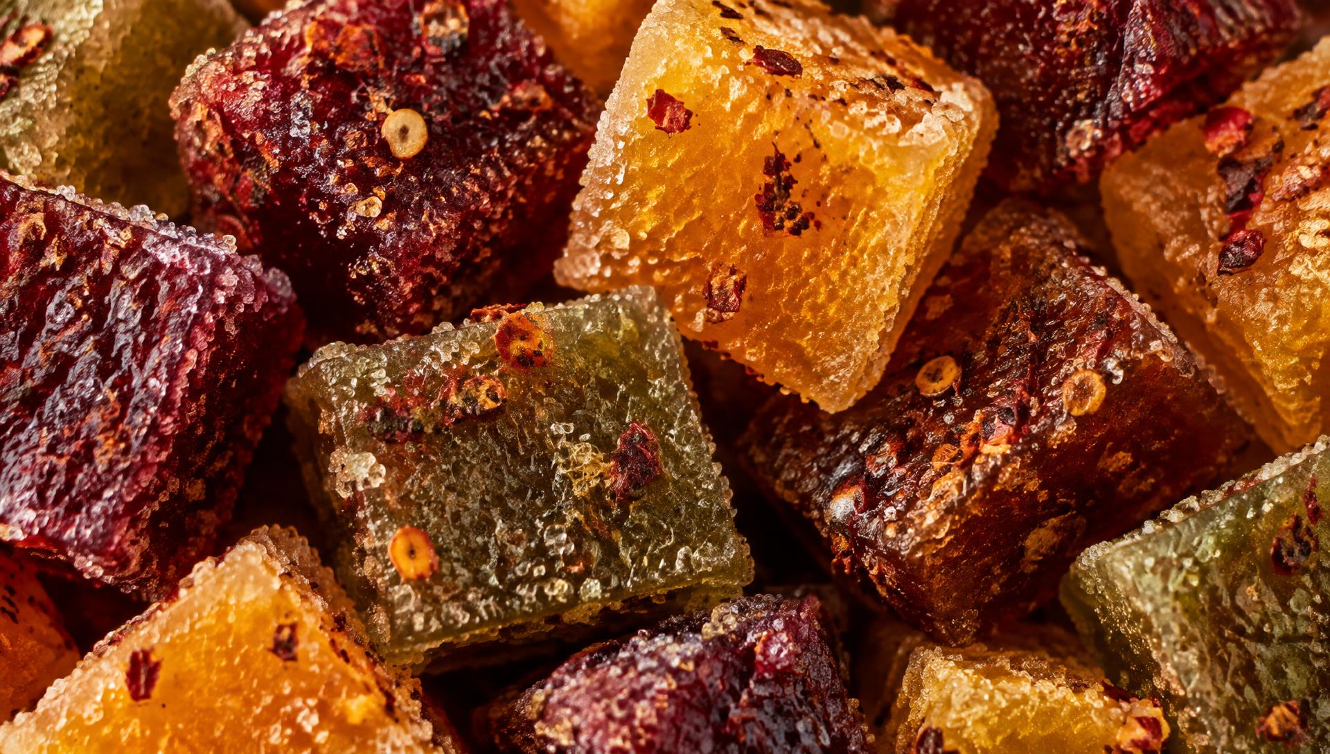 Close-up texture of sugar-dusted spicy fruit candy